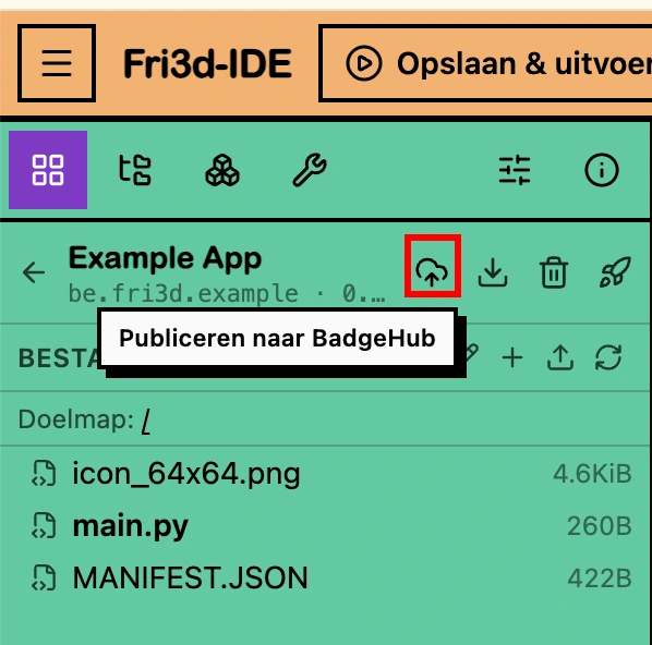 De knop Publiceren naar BadgeHub in de Fri3d-IDE