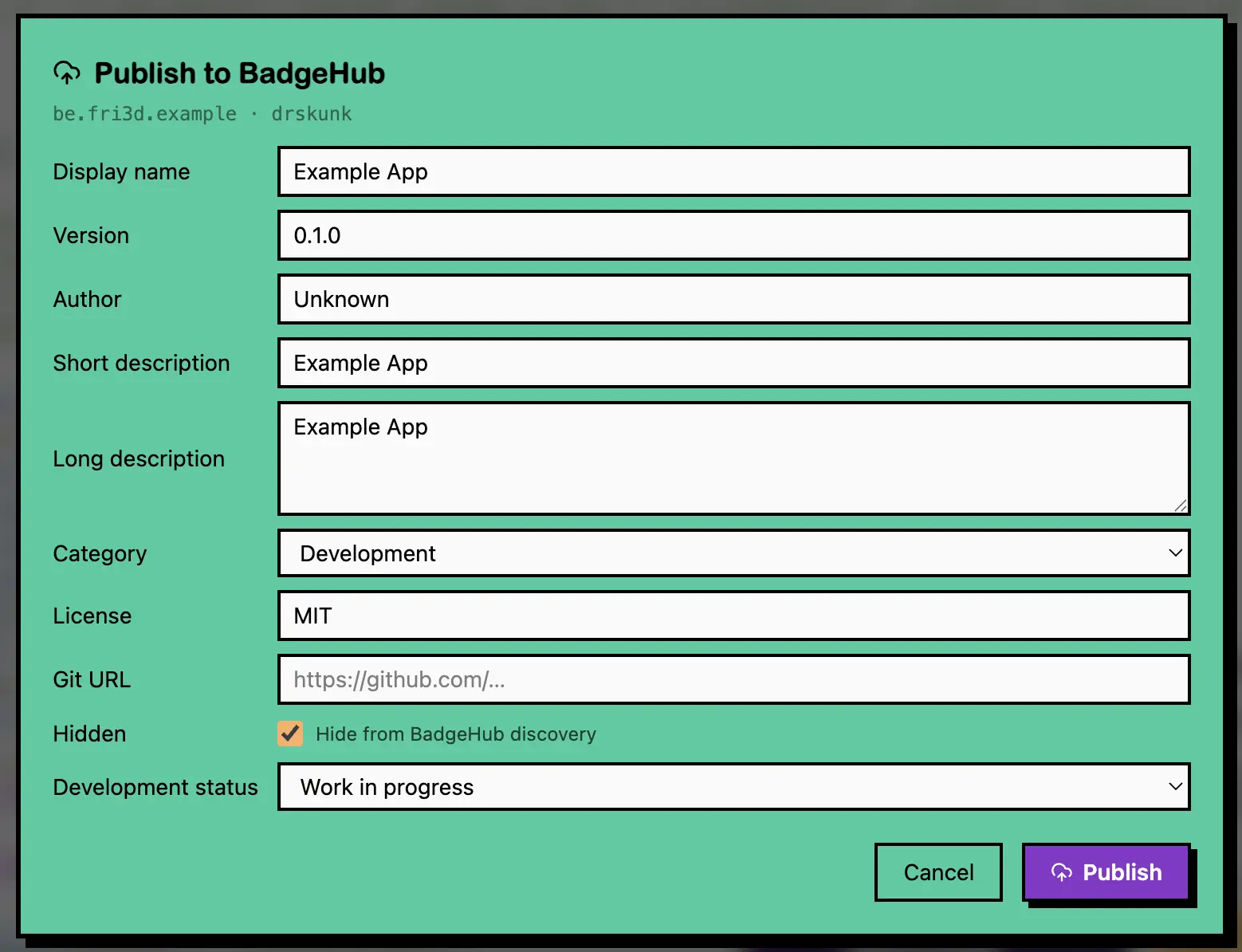 The publishing form for BadgeHub in Fri3d-IDE