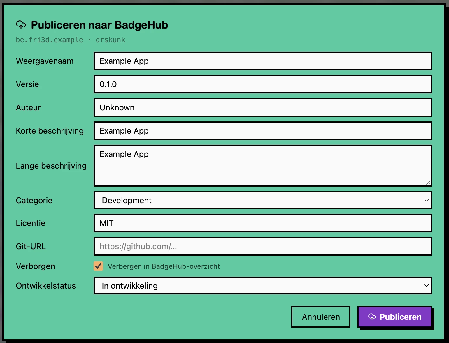 Het publicatieformulier voor BadgeHub in de Fri3d-IDE
