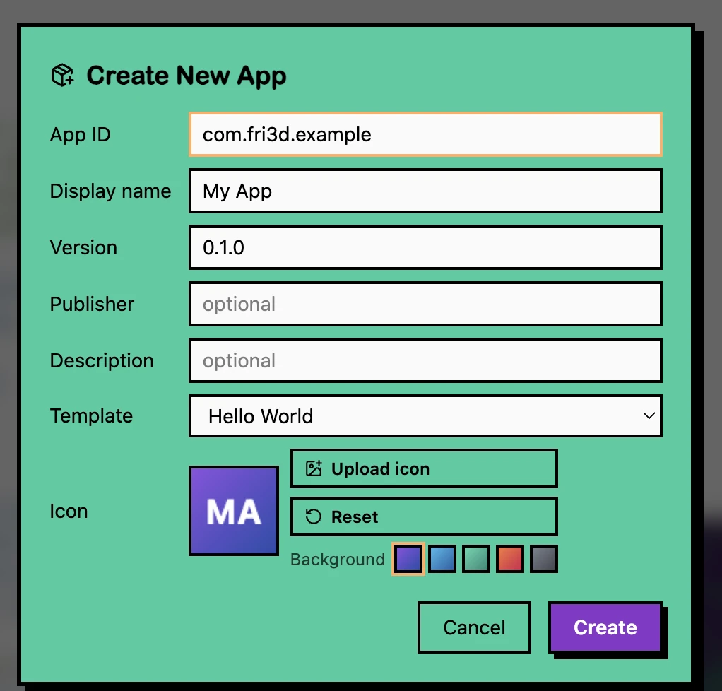 The Create New App form in Fri3d-IDE