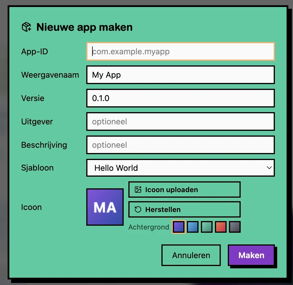 Het formulier Nieuwe app maken in de Fri3d-IDE
